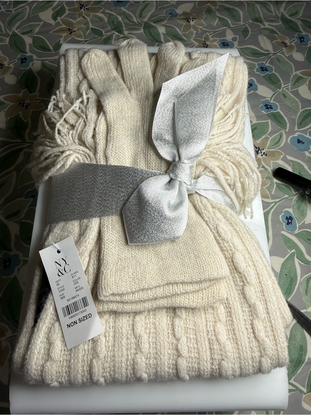 New York & Company Cream Knit Throw and Glove Gift Set with Silver Ribbon